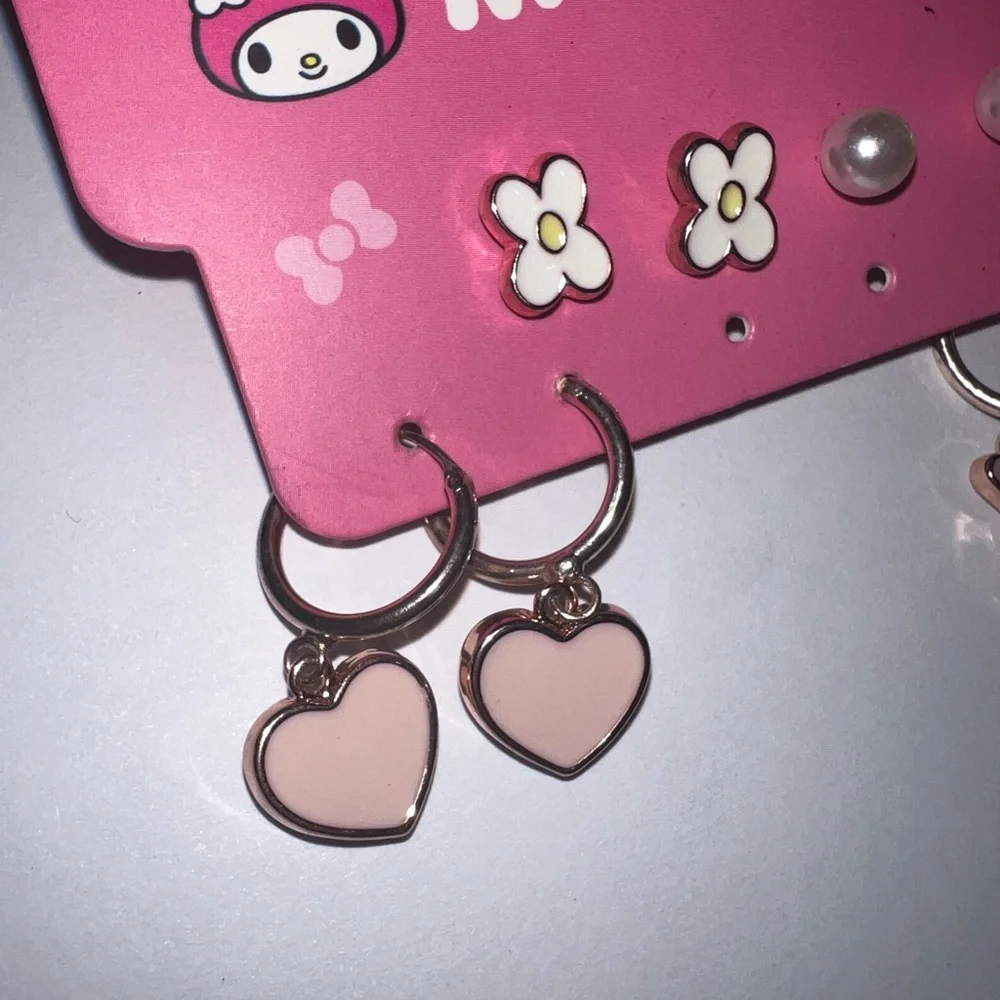 NWT sanrio earrings set of 4 my melody pearl hearts flowers card gift girls lot